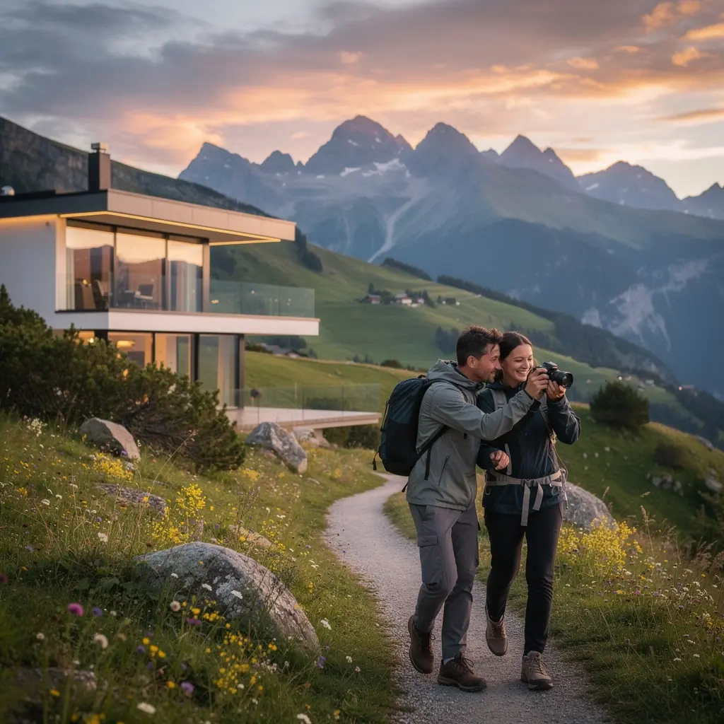 Moderne Architektur kombiniert mit traditionellen Elementen inmitten der alpinen Landschaft.